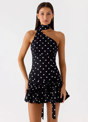 Belina Scarf Mini Dress - Black Polkadot