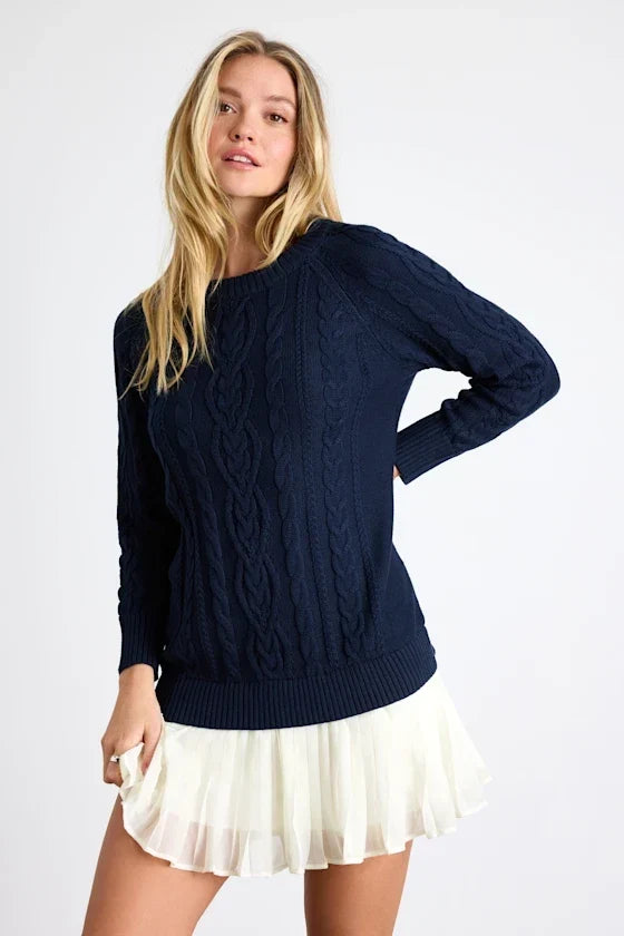 Alvie Navy Cable Knit Drop Waist Sweater Dress