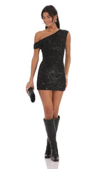 Off Shoulder Sequin Bodycon Dress in Black